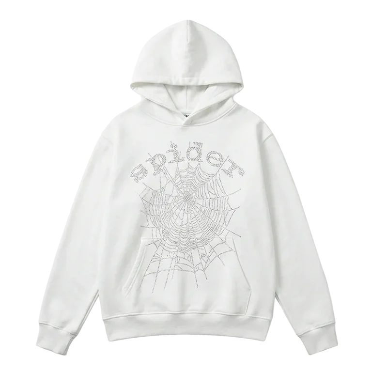 Sp5der Og Rhinestone Logo Hoodie In White Front View With Web Logo