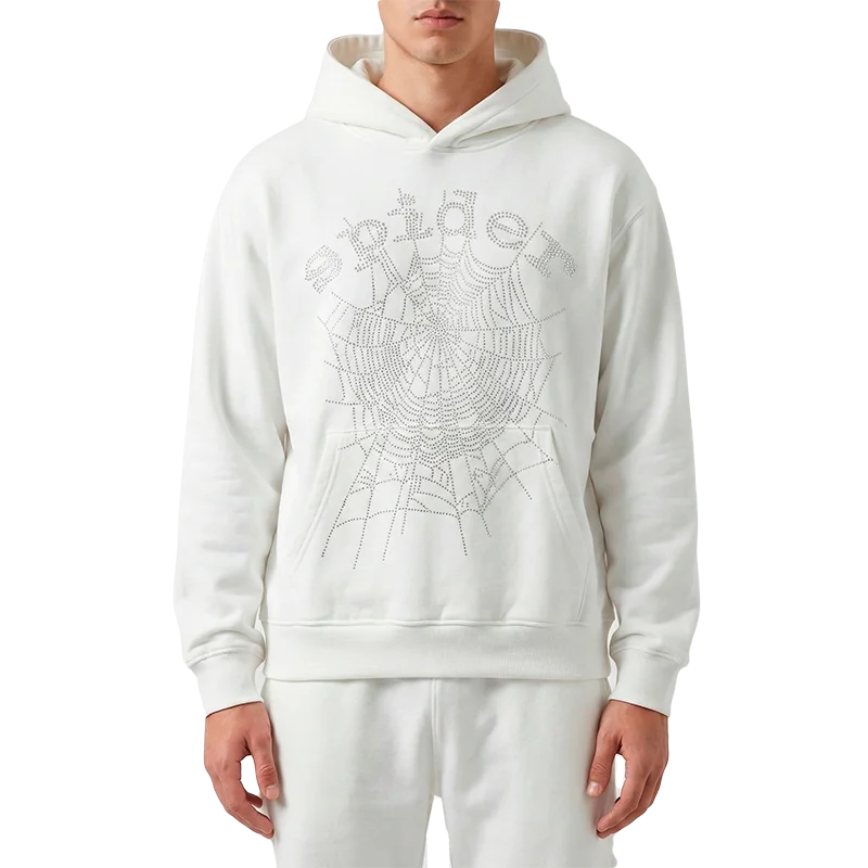 Sp5der Og Rhinestone Logo Hoodie In White Front View With Web Logo
