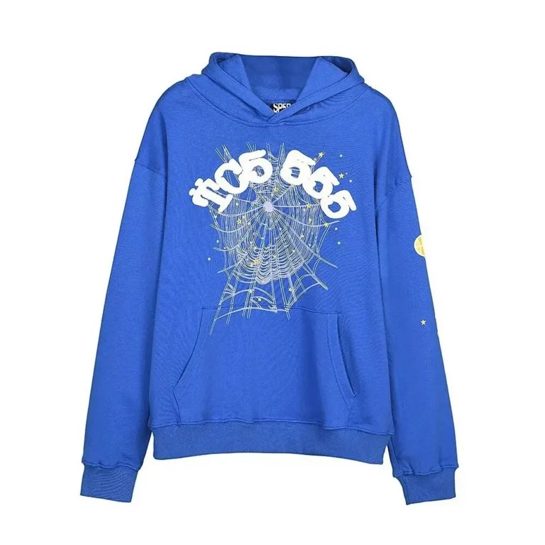 Sp5der tc5 hoodie in blue front view with white logo and spiderweb graphic print