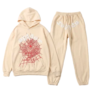 Sp5der og web sweatsuit in beige front view with logo print