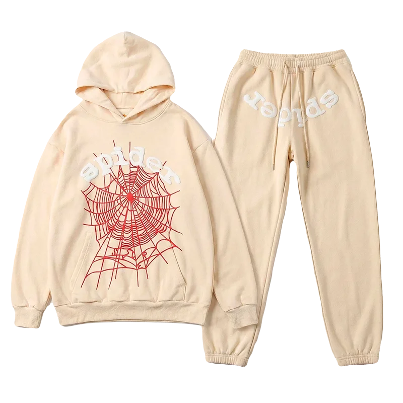 Sp5der og web sweatsuit in beige front view with logo print