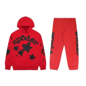 Sp5der beluga sweatsuit in red front view with logo print