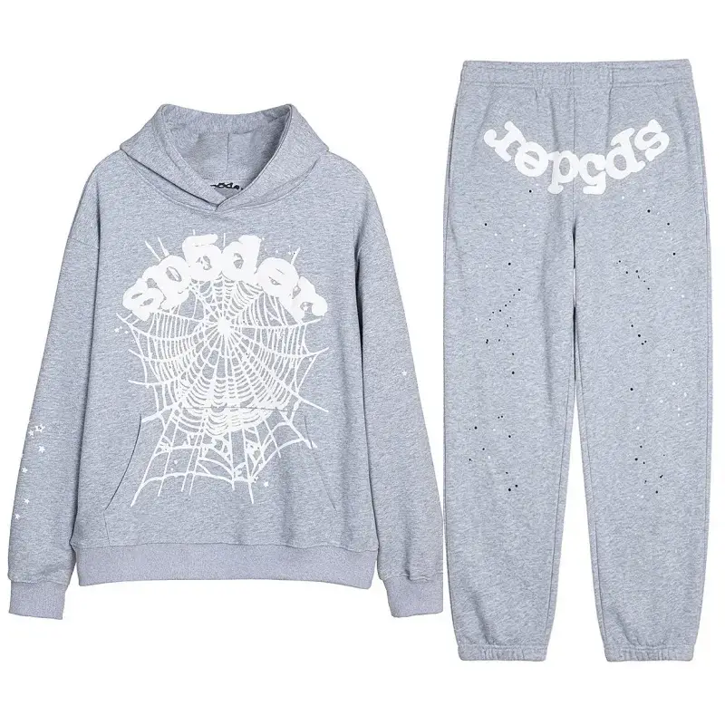 Choosing a Hoodie Color That Goes With Everything 2 Light grey Sp5der OG Web hoodie and sweatpants set, front view