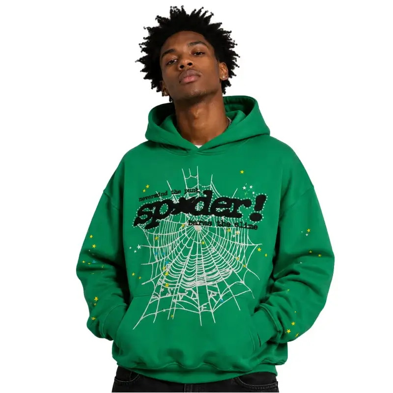 Streetwear Trends to Watch This Fall 2 Model wearing the Sp5der Punk V2 rhinestone hoodie in bright green