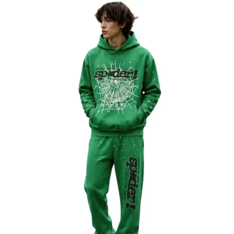 Sp5der Punk V2 Rhinestone Hoodie Streetwear Tracksuit in Green, photo 3