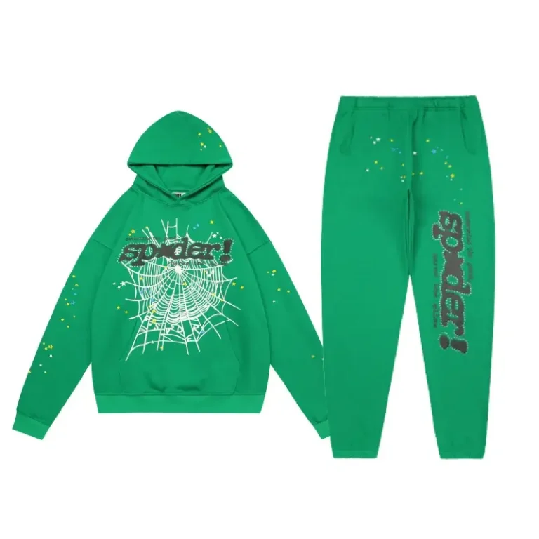 Sp5der Punk V2 Rhinestone Hoodie Streetwear Tracksuit in Green